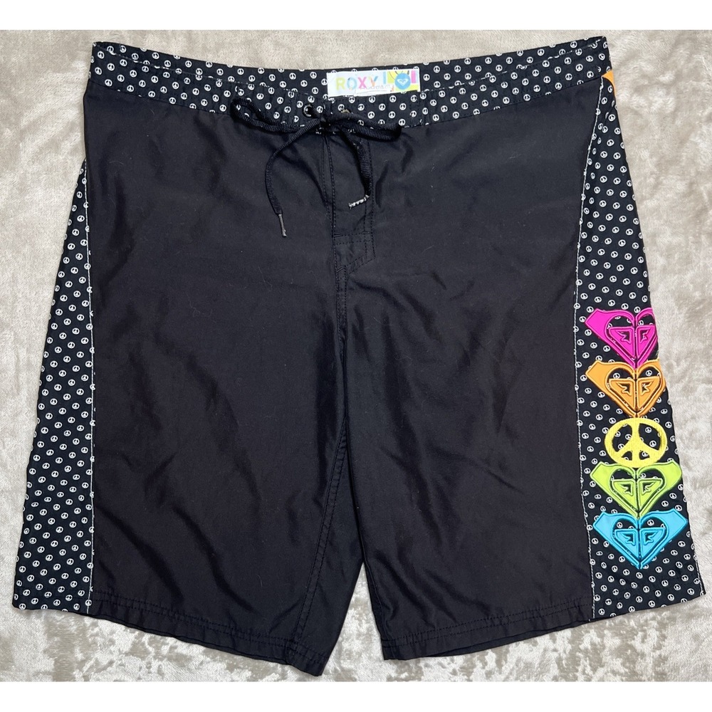 Vintage Roxy Board Shorts Women's 11 Black Rainbow Peace Signs Y2K Surf